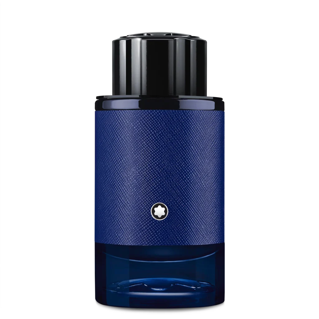 Montblanc Explorer Infinite blue perfume bottle with textured design and black cap, co-created by Jordi Fernández