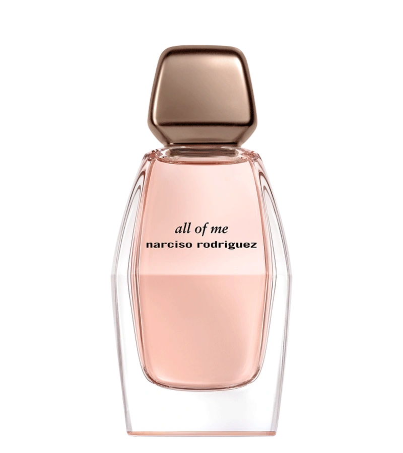 Front view of the pale pink Narciso Rodriguez All of Me Eau de Parfum bottle with a rose-gold cap.