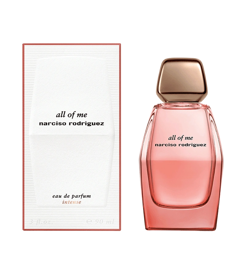 Narciso Rodriguez All of Me Intense Eau de Parfum bottle displayed next to its white and pink retail packaging.