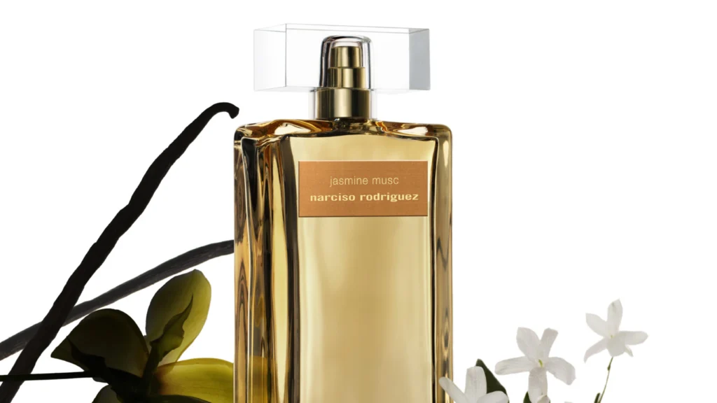 Narciso Rodriguez Jasmine Musc Eau de Parfum Intense with jasmine flowers