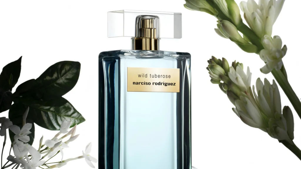 Narciso Rodriguez Wild Tuberose Eau de Parfum Intense with white tuberose flowers