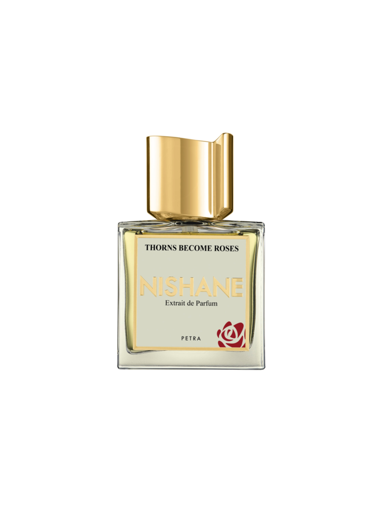 Nishane Thorns Become Roses 50 ml bottle with a sculpted gold cap on a white background