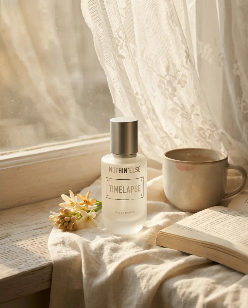 Nothin'Else Timelapse Eau de Parfum beside flowers book and coffee cup