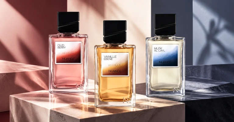 Nuance Parfums fragrance collection featuring Oud Berry, Vanille Ébène and Musk Al Layl in an editorial composition.