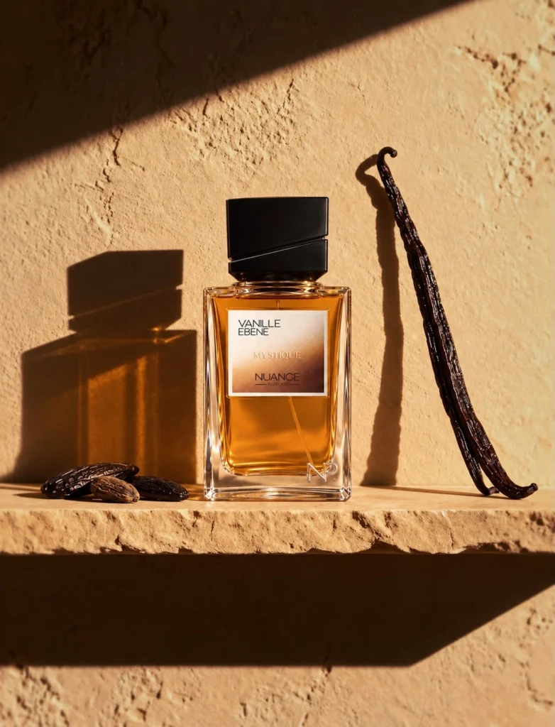 Nuance Parfums Vanille Ébène perfume bottle displayed on warm stone with vanilla pods and tonka beans.
