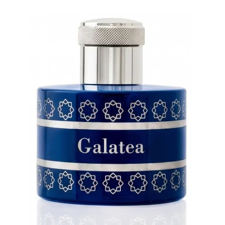 Pantheon Roma Galatea Extrait de Parfum bottle featuring deep blue glass, silver geometric decorations and a metallic cap.
