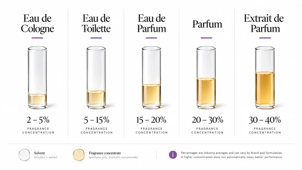 Infographic comparing Eau de Cologne, Eau de Toilette, Eau de Parfum, Parfum and Extrait with indicative fragrance concentration percentages.