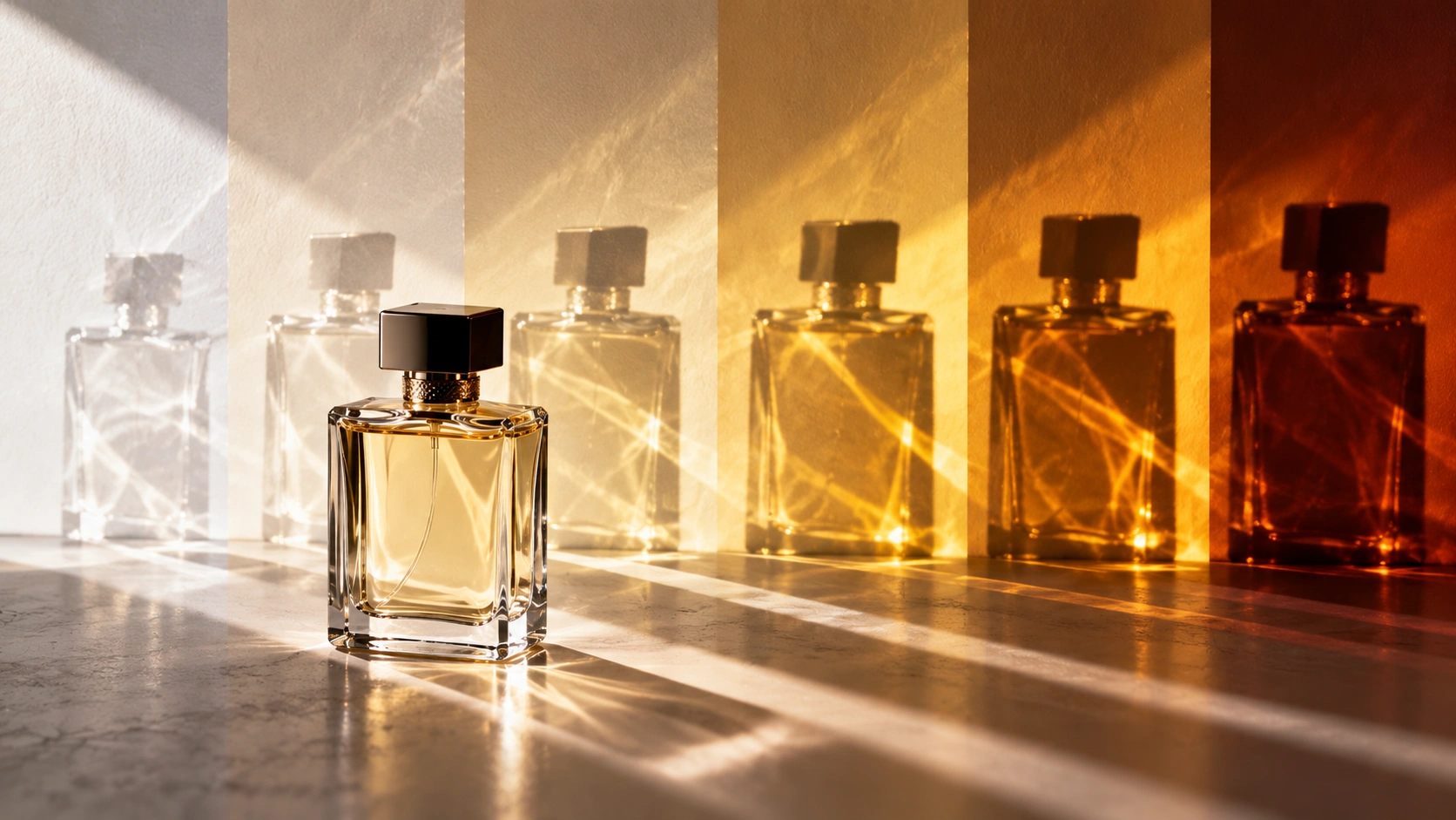 Conceptual illustration of perfume concentrations represented by five progressively warmer light projections of a fragrance bottle.