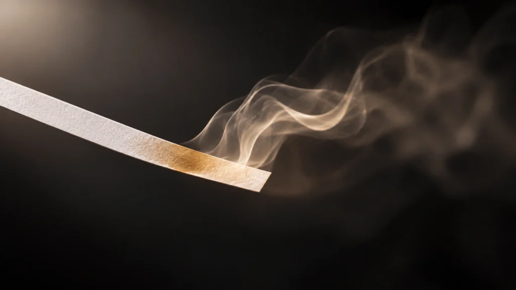 Perfume testing strip suspended against a dark background with a delicate golden vapor trail gradually fading into the air.