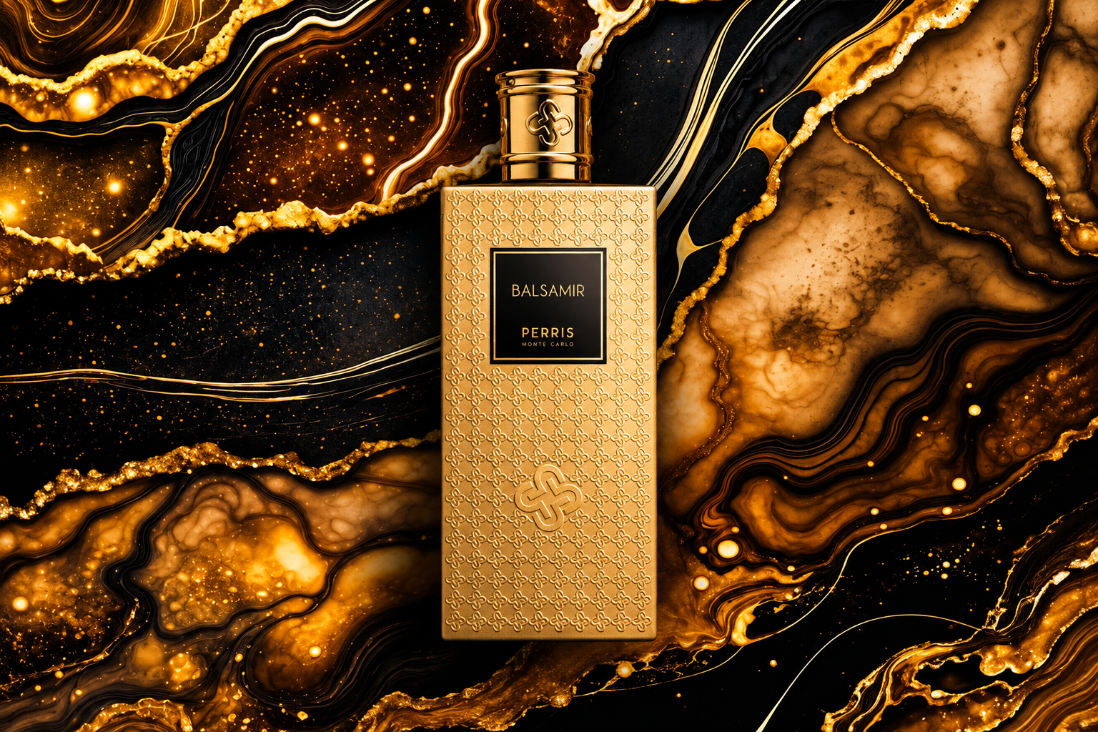 Perris Monte Carlo Balsamir perfume bottle on a black and gold resin-inspired background