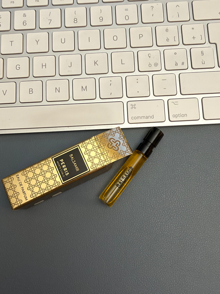 Perris Monte Carlo Balsamir perfume sample on a desk during testing