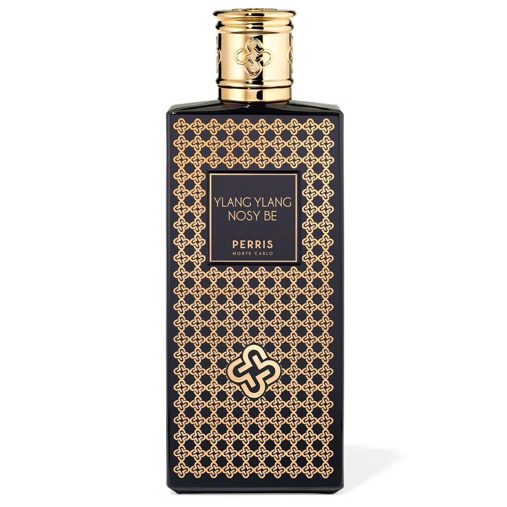 Perris Monte Carlo Ylang Ylang Nosy Be perfume bottle in black with an intricate gold pattern and matching gold cap.