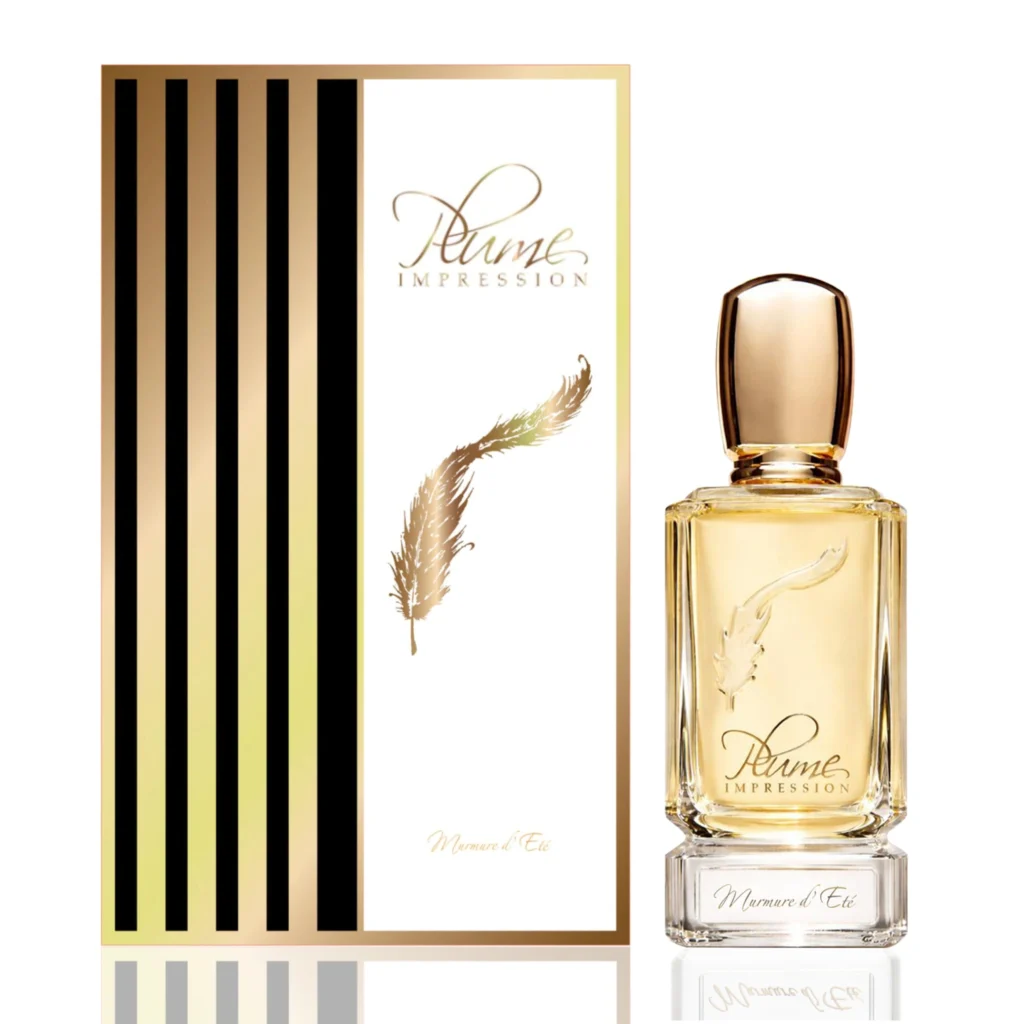 Plume Impression Murmure d'Été perfume bottle with golden cap alongside its white and gold presentation box featuring a decorative feather.
