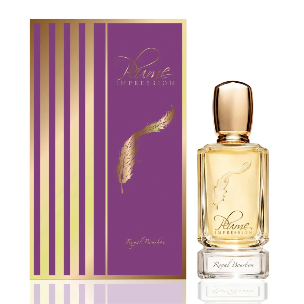 Plume Impression Royal Bourbon perfume bottle with golden cap beside its distinctive purple and gold presentation box with feather illustration.