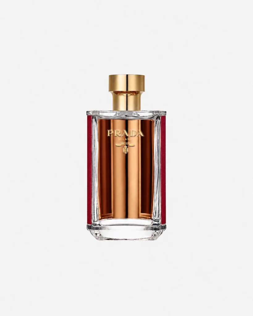 Prada La Femme Intense bottle with a gold cap and burgundy side panels