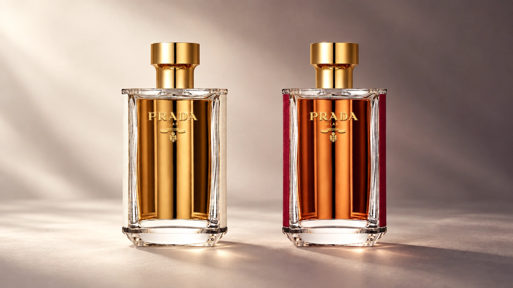Prada La Femme vs Intense perfume bottles in a light-and-shadow editorial setting