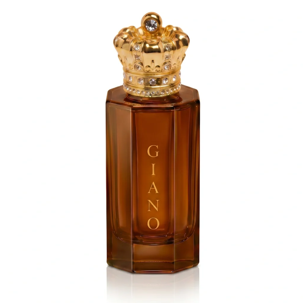 Royal Crown Giano perfume bottle featuring tobacco-brown glass, vertical gold lettering and a decorative golden crown cap with crystals.