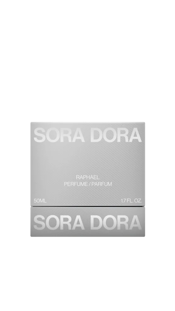 Sora Dora Raphael Extrait de Parfum 50 ml silver-grey presentation box featuring the brand name and fragrance details.