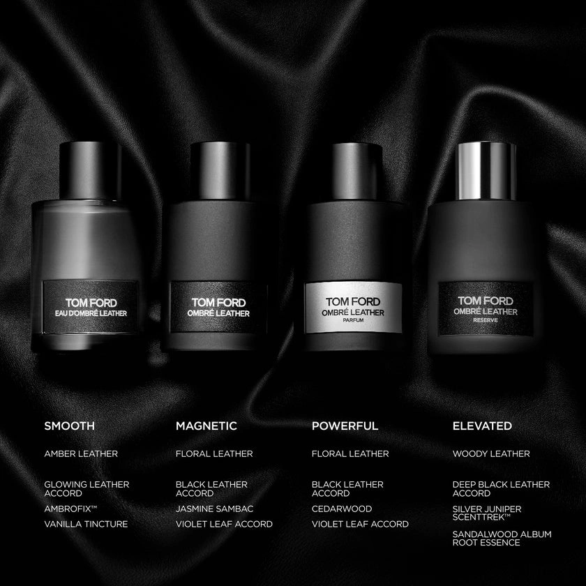 Four Tom Ford Ombré Leather fragrances displayed on black fabric with their key olfactory characteristics.