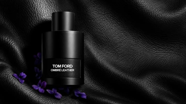 Tom Ford Ombré Leather Eau de Parfum black bottle surrounded by purple flowers on a textured black leather background.