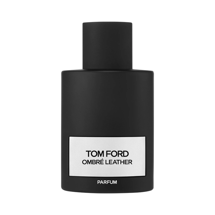 Tom Ford Ombré Leather Parfum black bottle with contrasting white label and black cap.