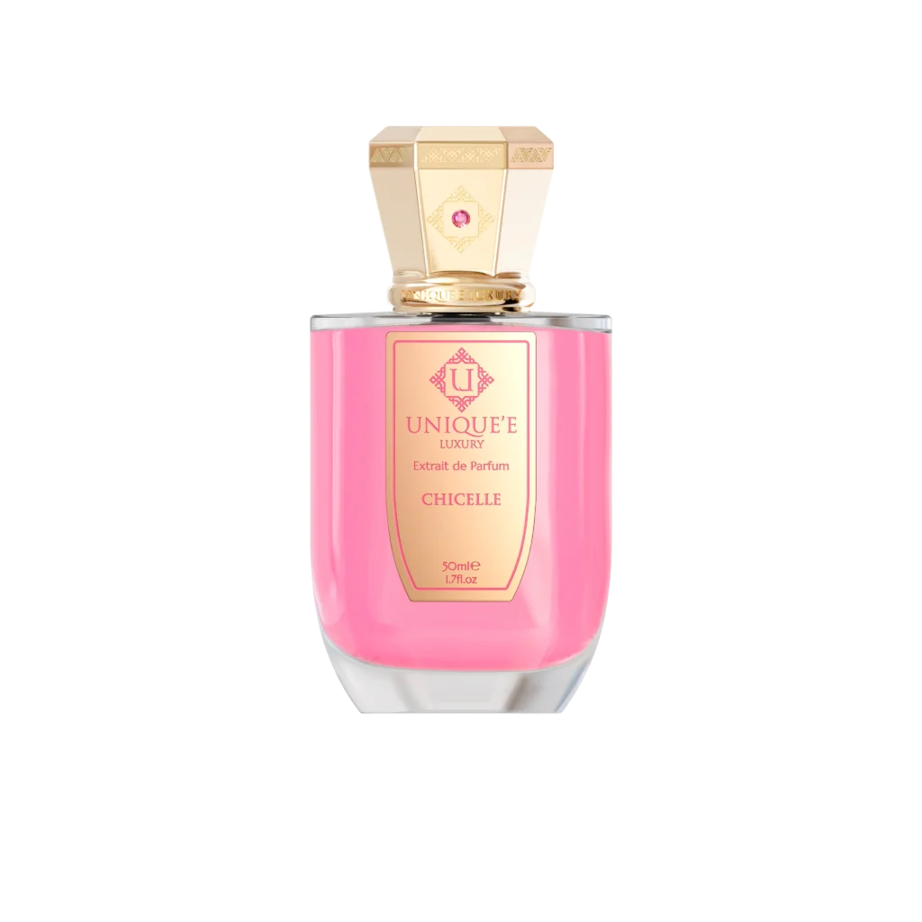 Front view of the pink bottle of Unique'e Luxury Chicelle Extrait de Parfum with a decorative gold cap.