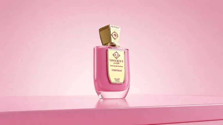 Chicelle perfume bottle by Unique’e Luxury centered against a wide pink background with a reflective surface.