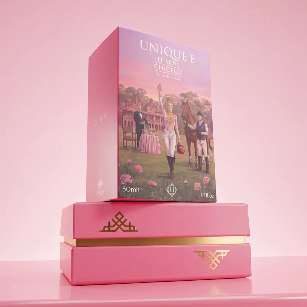 Chicelle perfume packaging by Unique’e Luxury, with an illustrated outer box above a pink and gold presentation case.