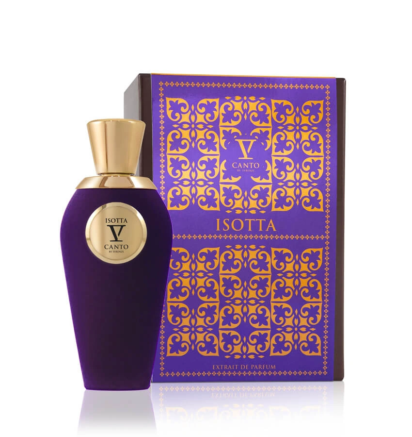 V Canto Isotta Extrait de Parfum purple velvet bottle with gold cap displayed alongside its original decorative packaging.