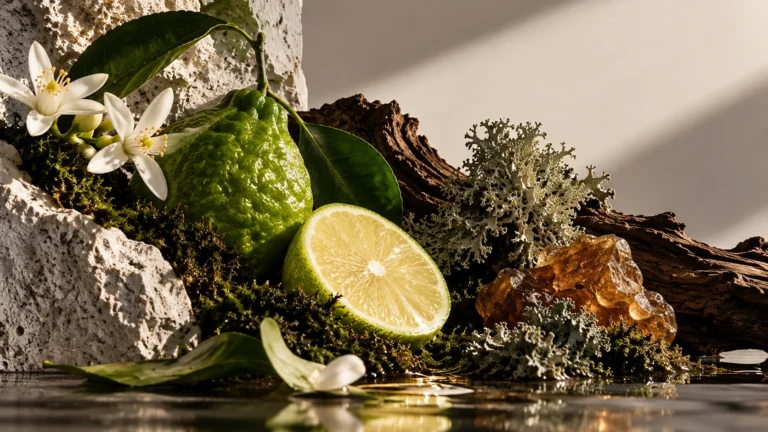 What is a chypre fragrance? A visual representation of bergamot, oakmoss, woods and amber resin, the elements of a classic chypre accord.
