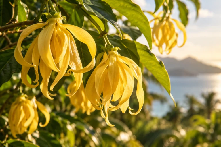 Ylang-ylang in perfumery represented by yellow tropical flowers in an elegant editorial composition